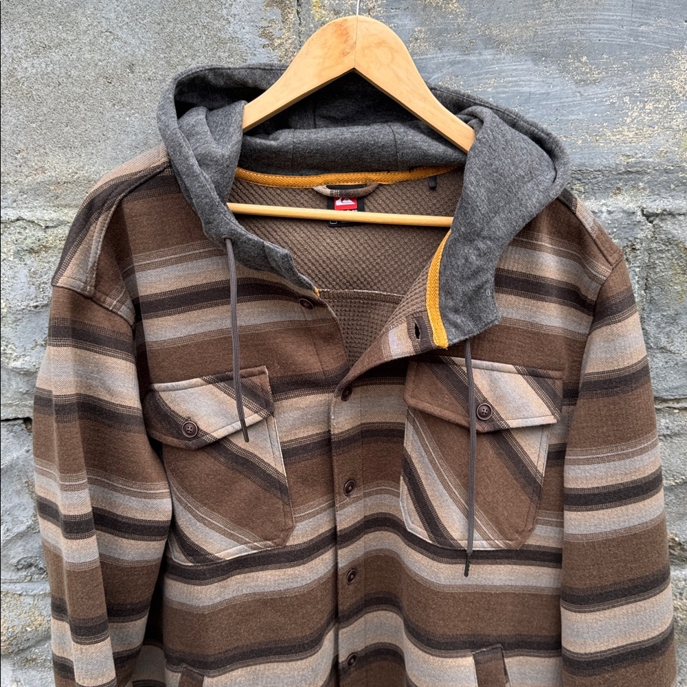 Quiksilver hooded shirt jacket brown striped xl skate surf Y2K heavy